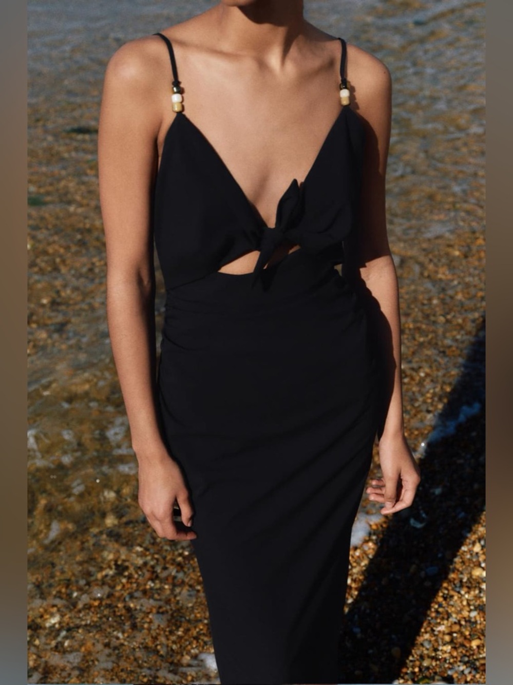 Zara Black Beaded Knotted Open Back Spaghetti Strap Midi Dress Size Medium